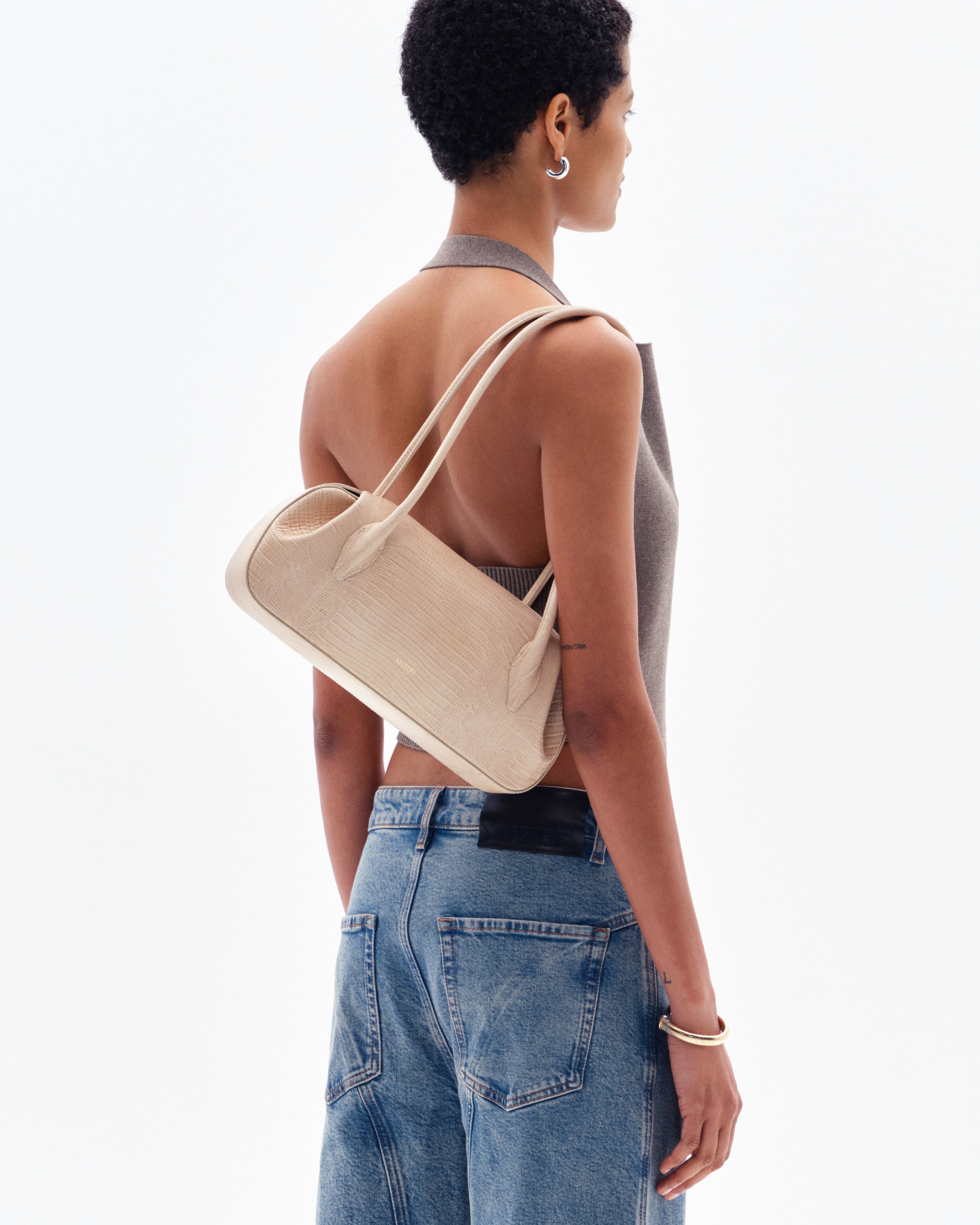 OYSTER SHOULDER BAG - EMBOSSED LIZARD COWHIDE LEATHER