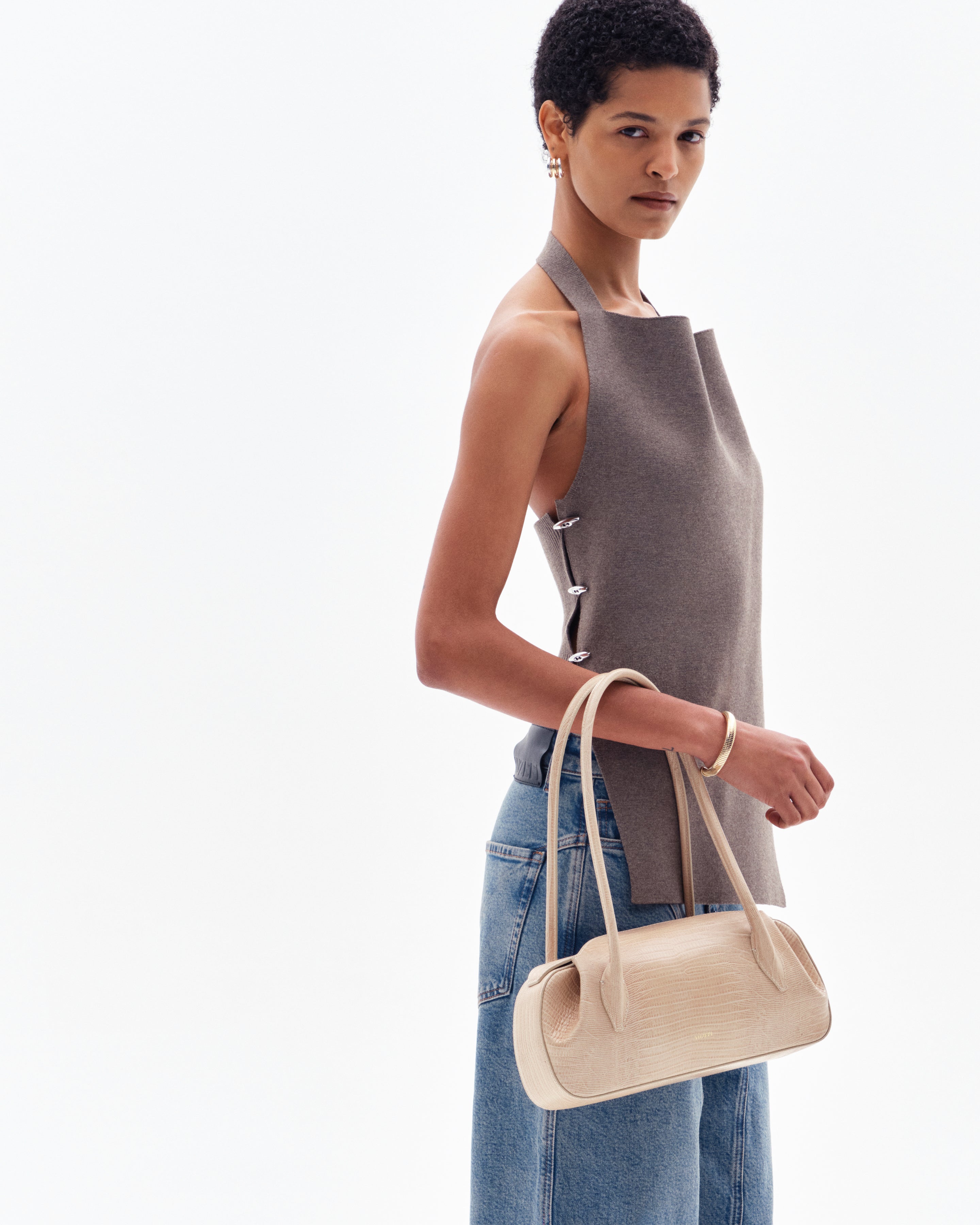OYSTER SHOULDER BAG - EMBOSSED LIZARD COWHIDE LEATHER