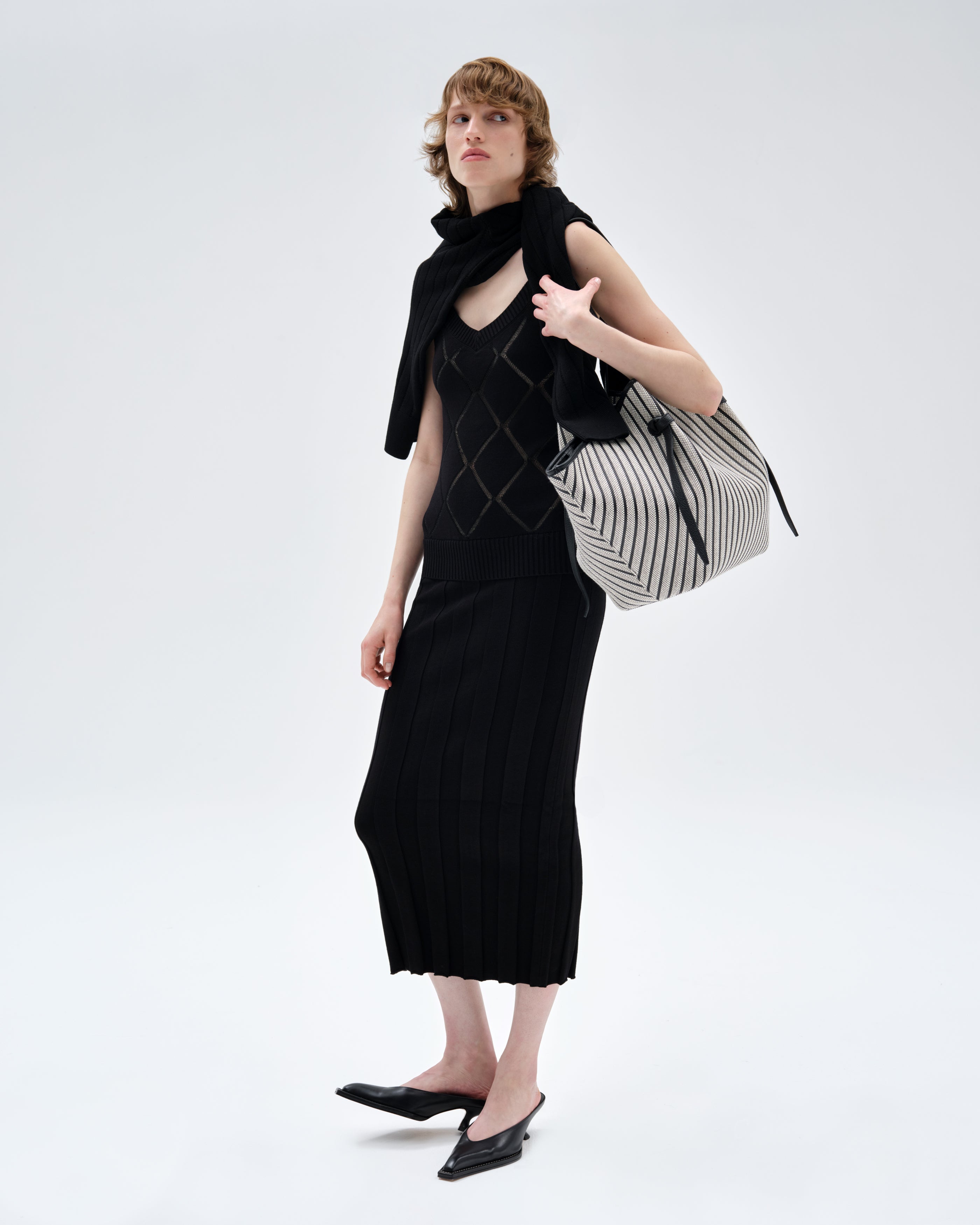 MARGOT FITTED PLEATED STRAP DRESS - BLACK