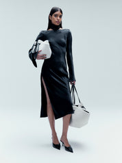 COWL BACK SLEEVED DRESS -  SATIN BLACK