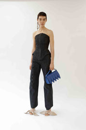 CORSET DENIM TOP WITH INSERTS - BLACK