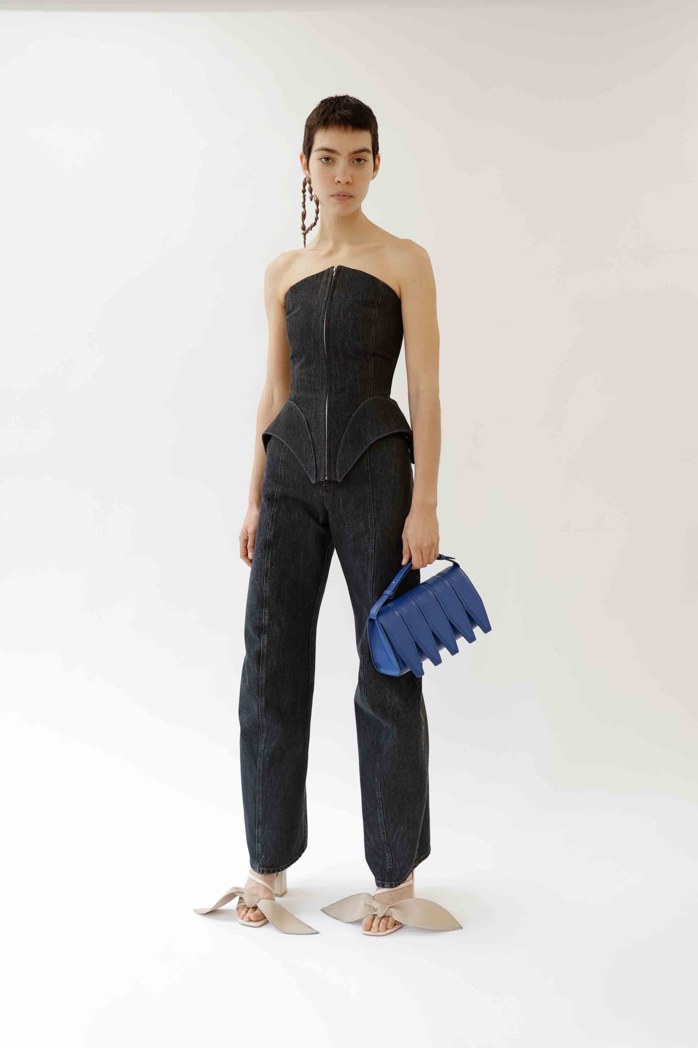 CORSET DENIM TOP WITH INSERTS - BLACK