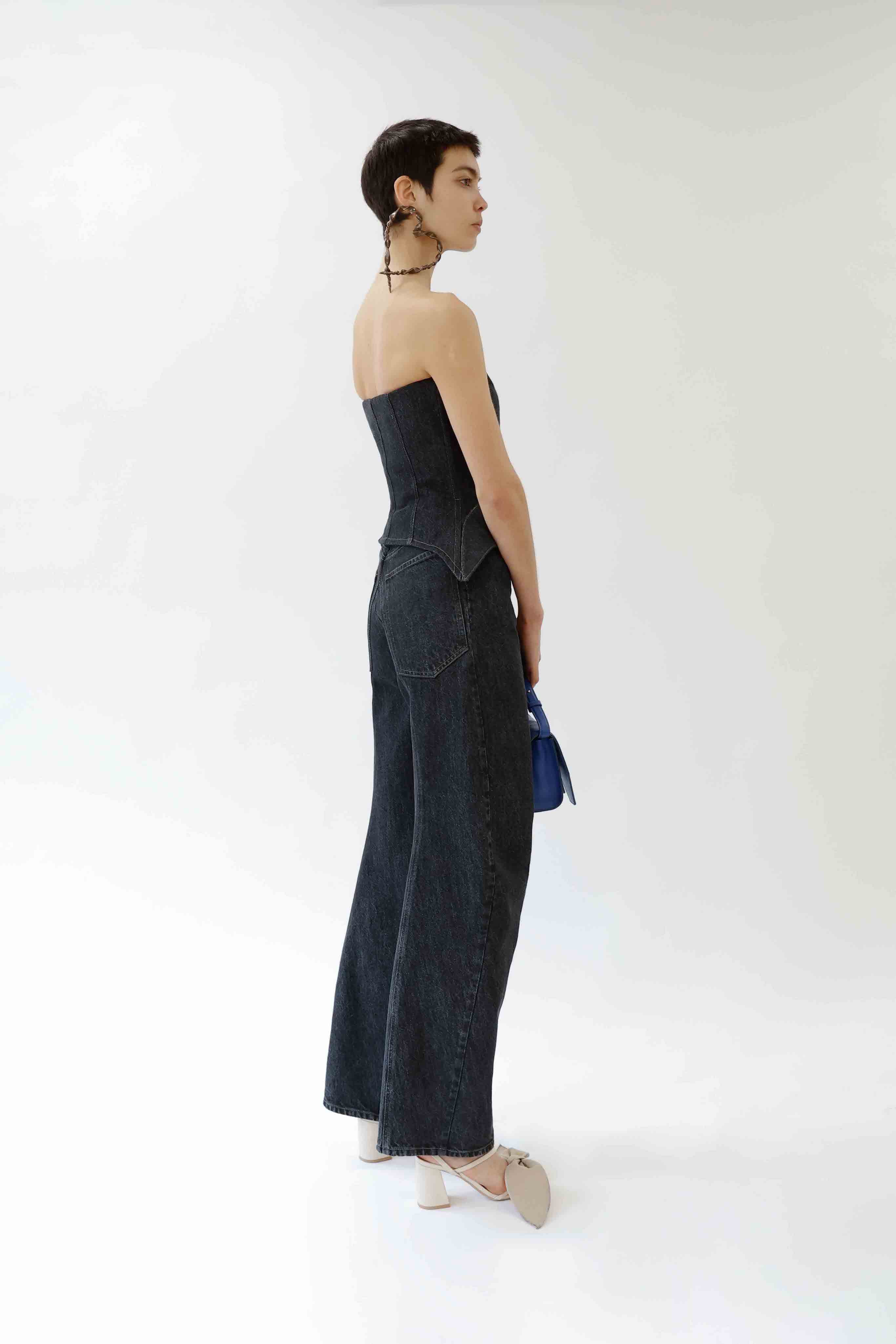CORSET DENIM TOP WITH INSERTS - BLACK