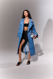TRENCH DENIM COAT- MID WASH