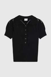 ELIORA FITTED POINTELLE POLO TOP - BLACK