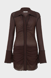 ROUCHED SHIRT DRESS - BROWN SEERSUCKER