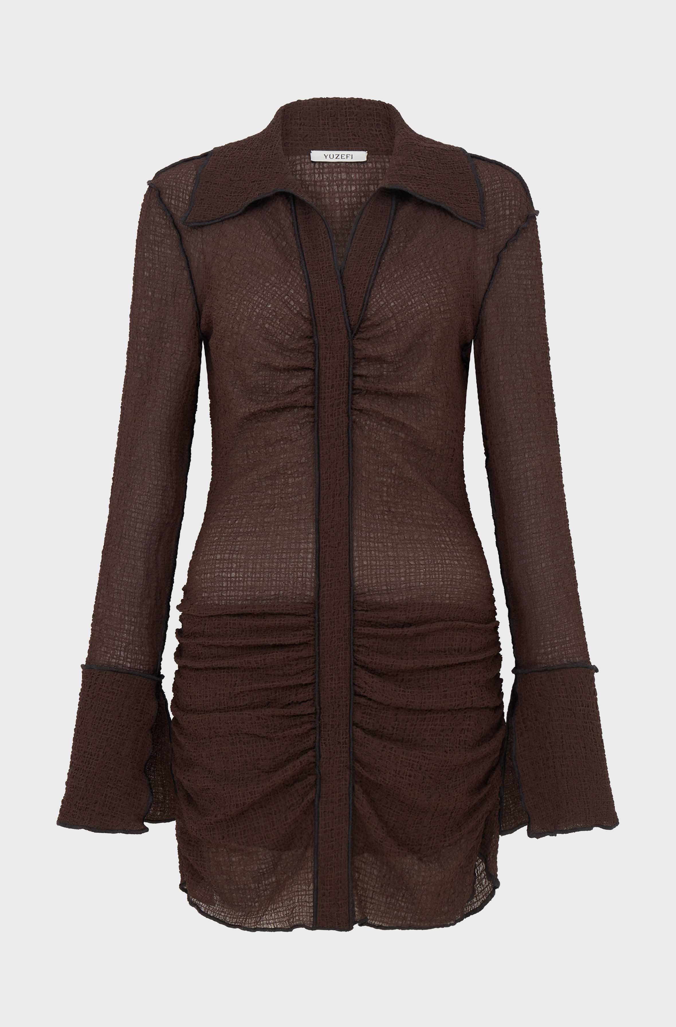 ROUCHED SHIRT DRESS - BROWN SEERSUCKER