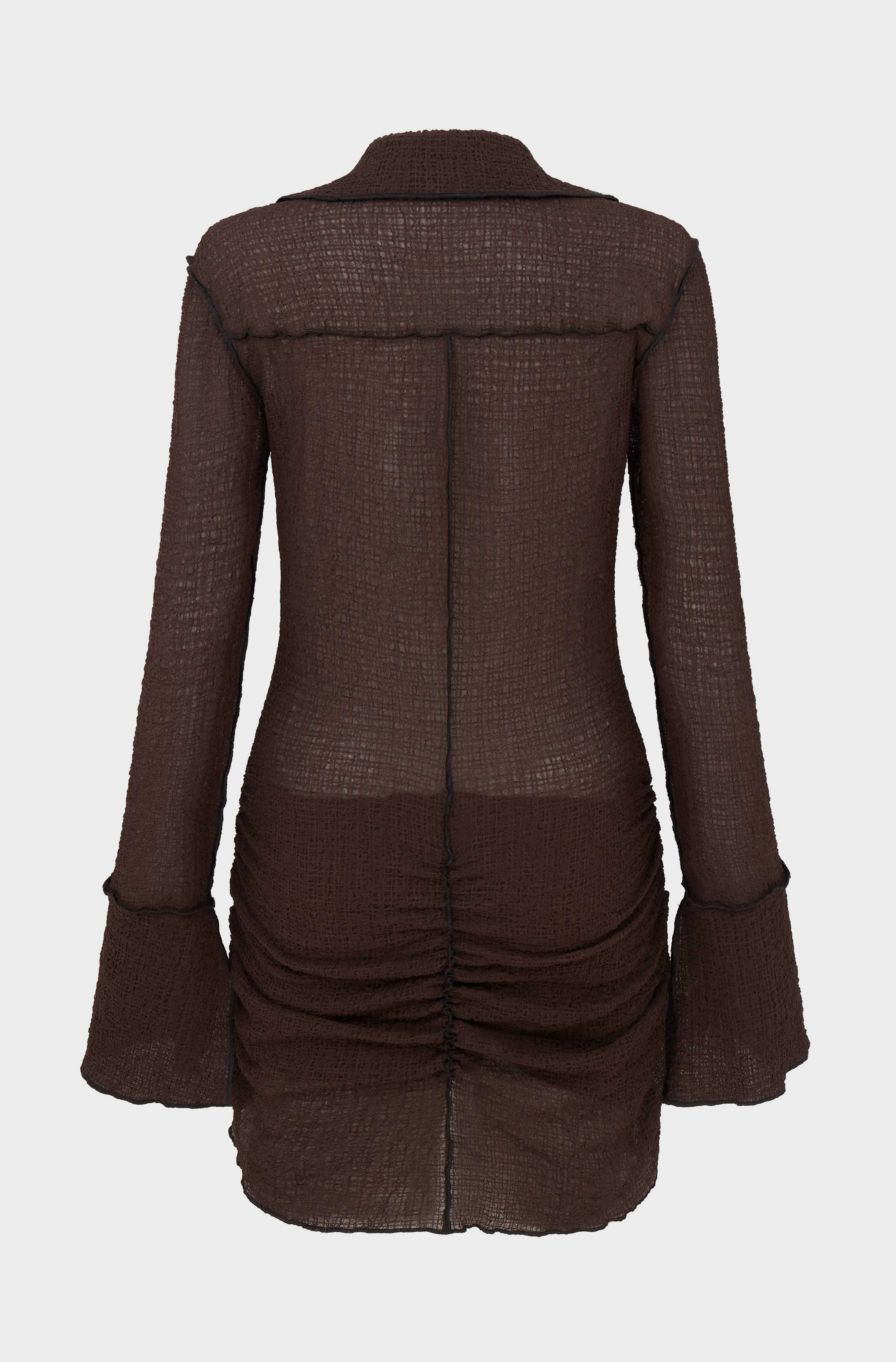 ROUCHED SHIRT DRESS - BROWN SEERSUCKER