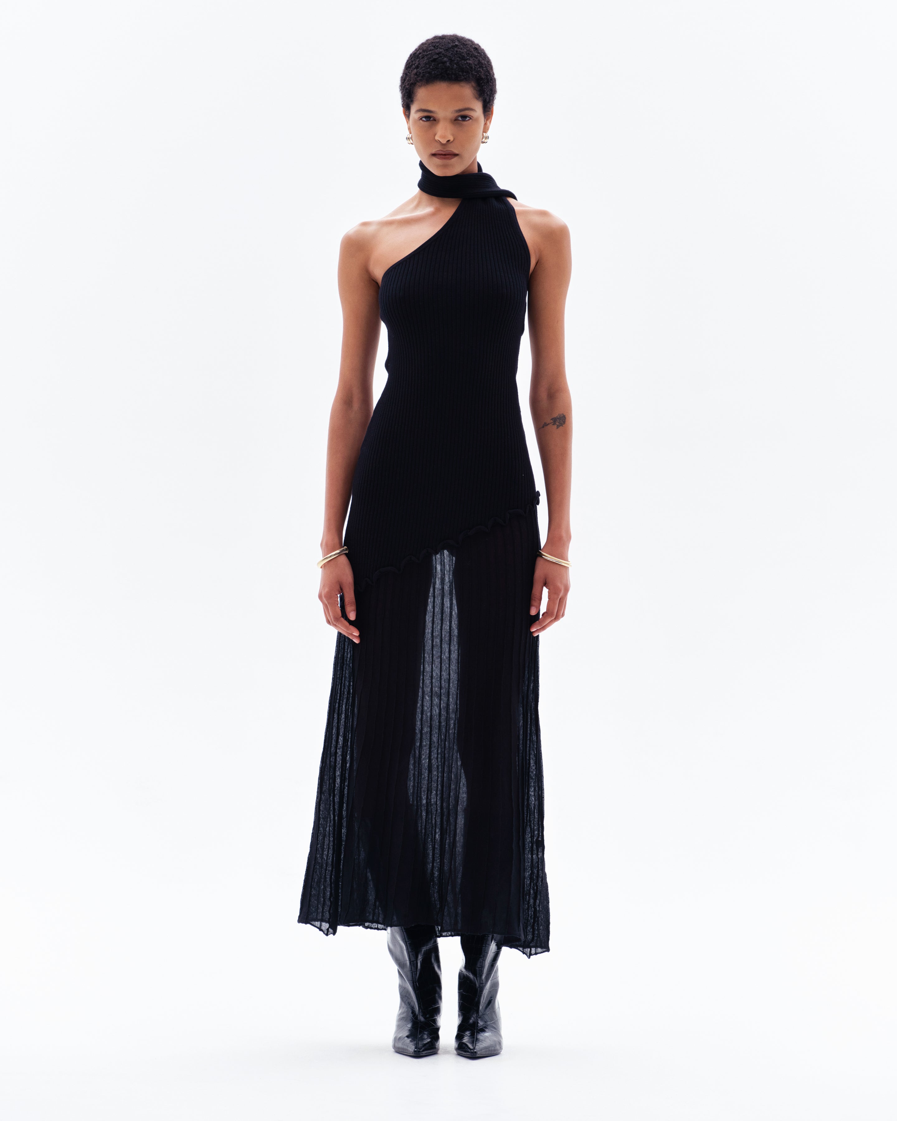 SIYA RIB/SHEER MAXI DRESS - BLACK