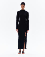 GAIA RIB LONG SLEEVE SPLIT DRESS - BLACK