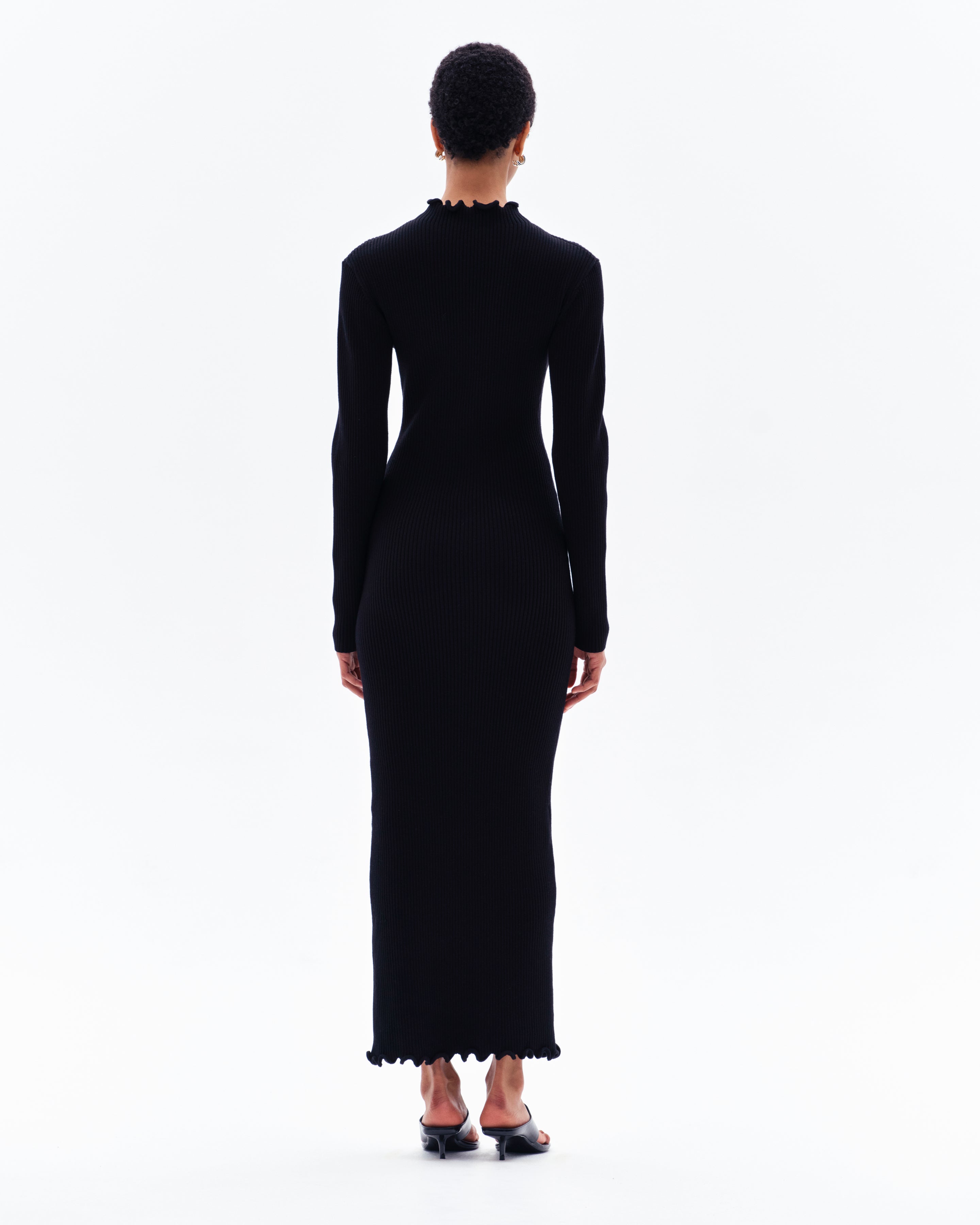 GAIA RIB LONG SLEEVE SPLIT DRESS - BLACK