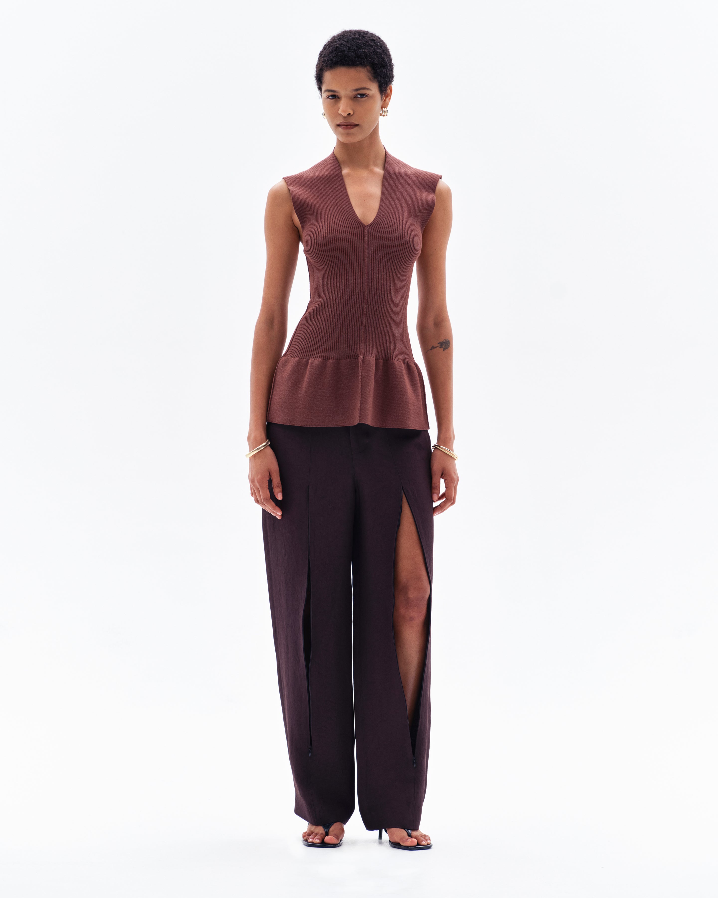 HEDRA ACETATE CONCEALED ZIP TROUSERS - CHOCOLATE