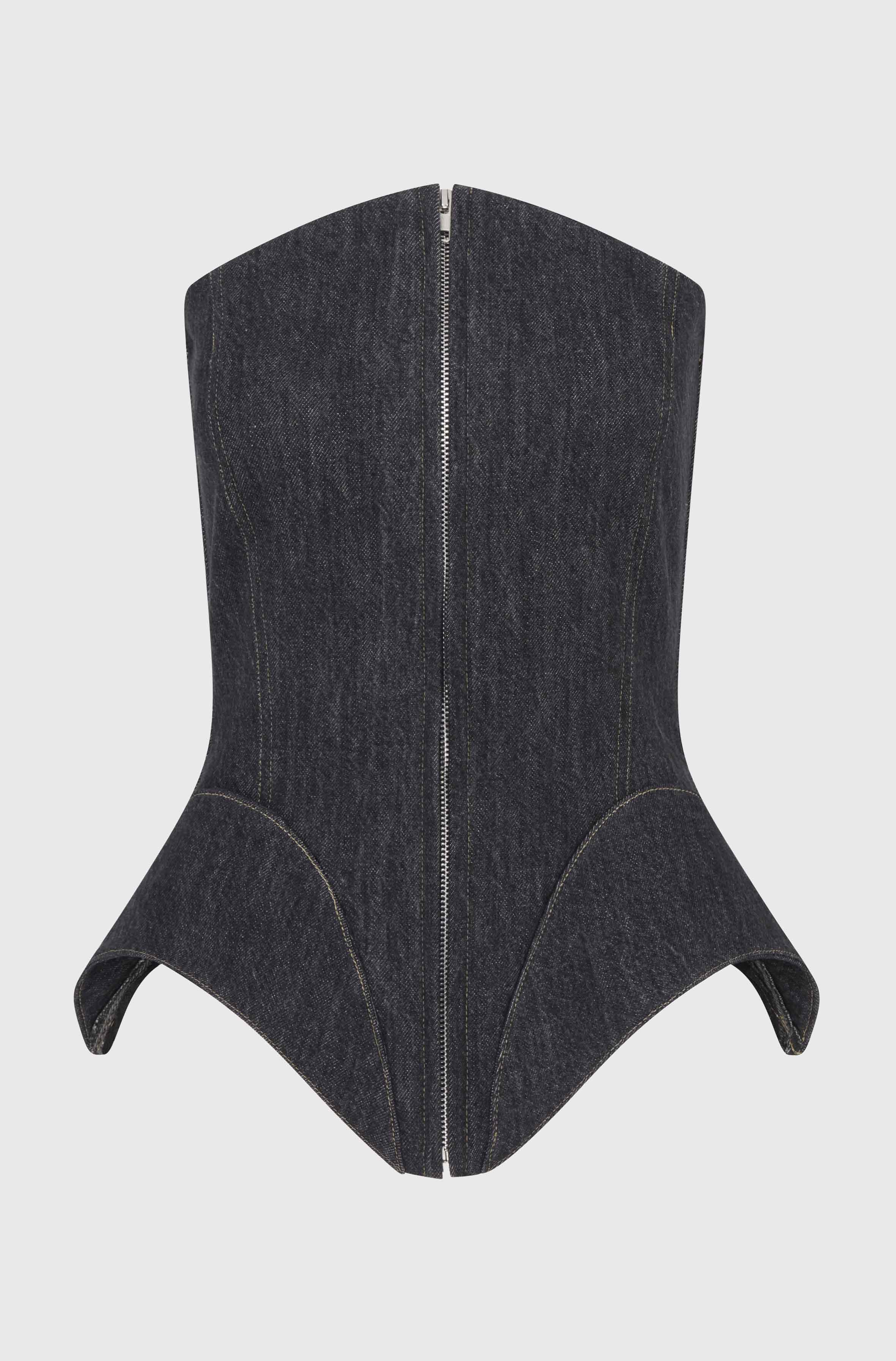 CORSET DENIM TOP WITH INSERTS - BLACK