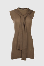 SHORT KNIT RIB DRESS WITH SCARF SLEEVES - CLAY