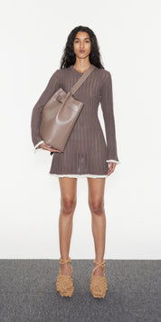 KNIT SLEEVED DRESS WITH CROCKET TRIM - MALT