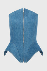 CORSET DENIM TOP WITH INSERTS - MID WASH