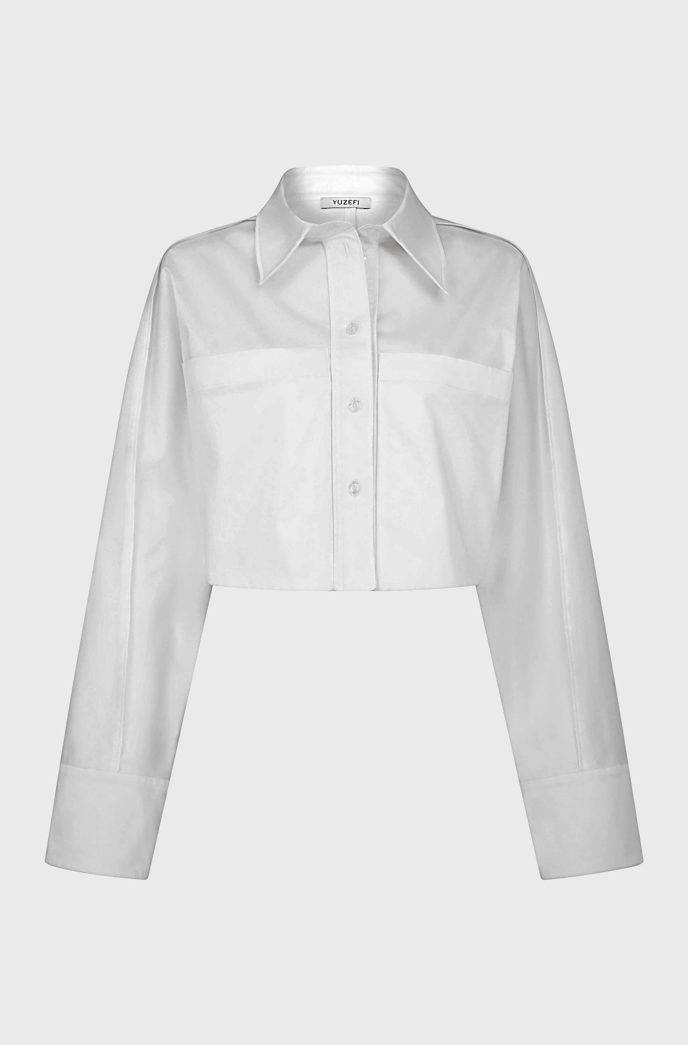 CROPPED COTTON SATIN SHIRT - WHITE