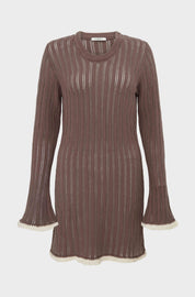 KNIT SLEEVED DRESS WITH CROCKET TRIM - MALT