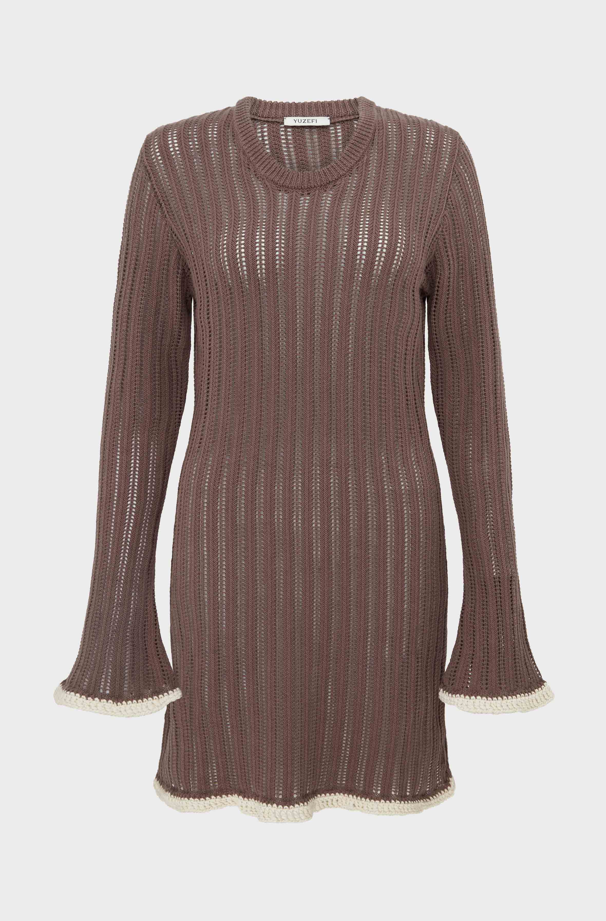 KNIT SLEEVED DRESS WITH CROCKET TRIM - MALT