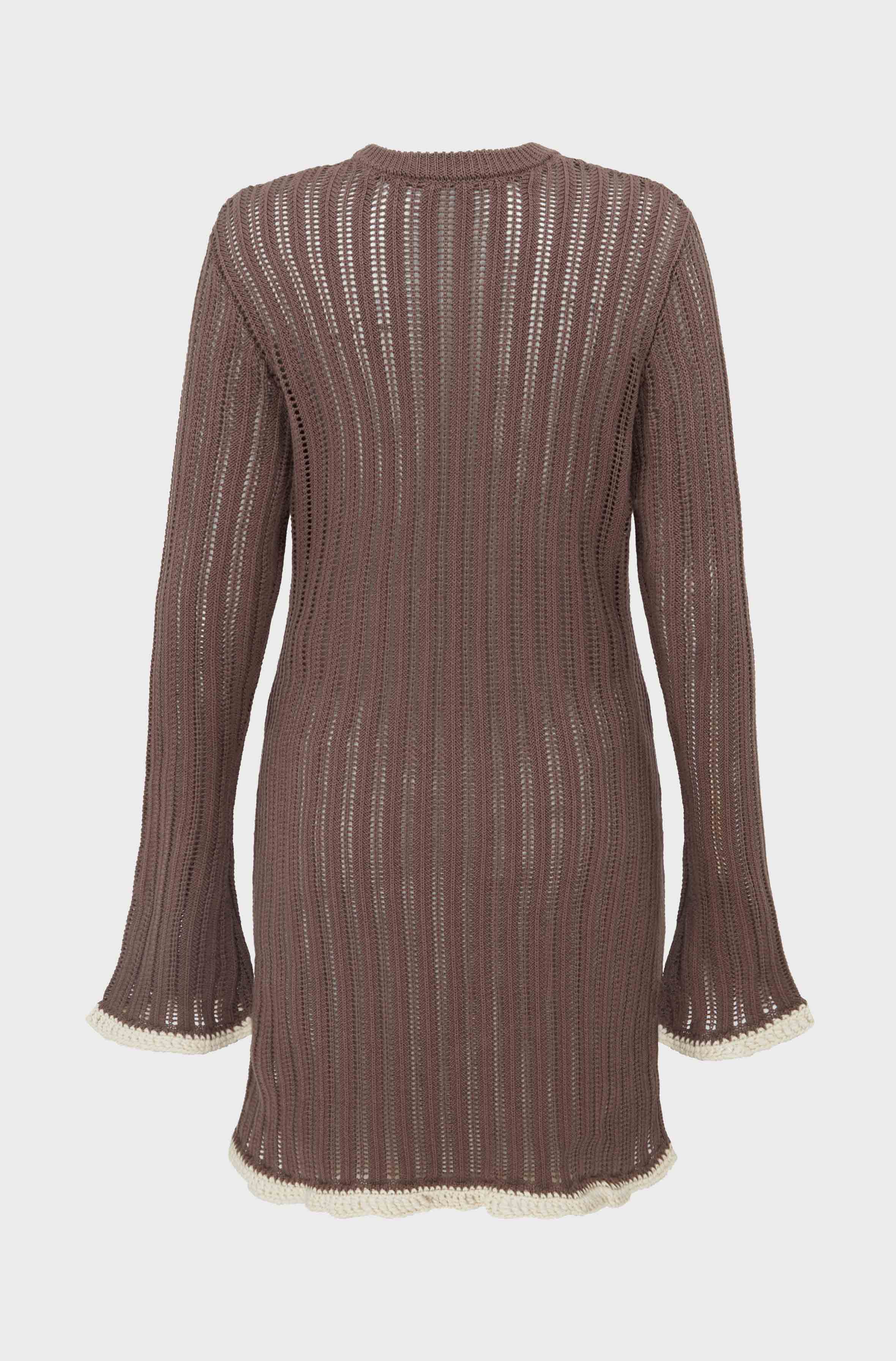 KNIT SLEEVED DRESS WITH CROCKET TRIM - MALT