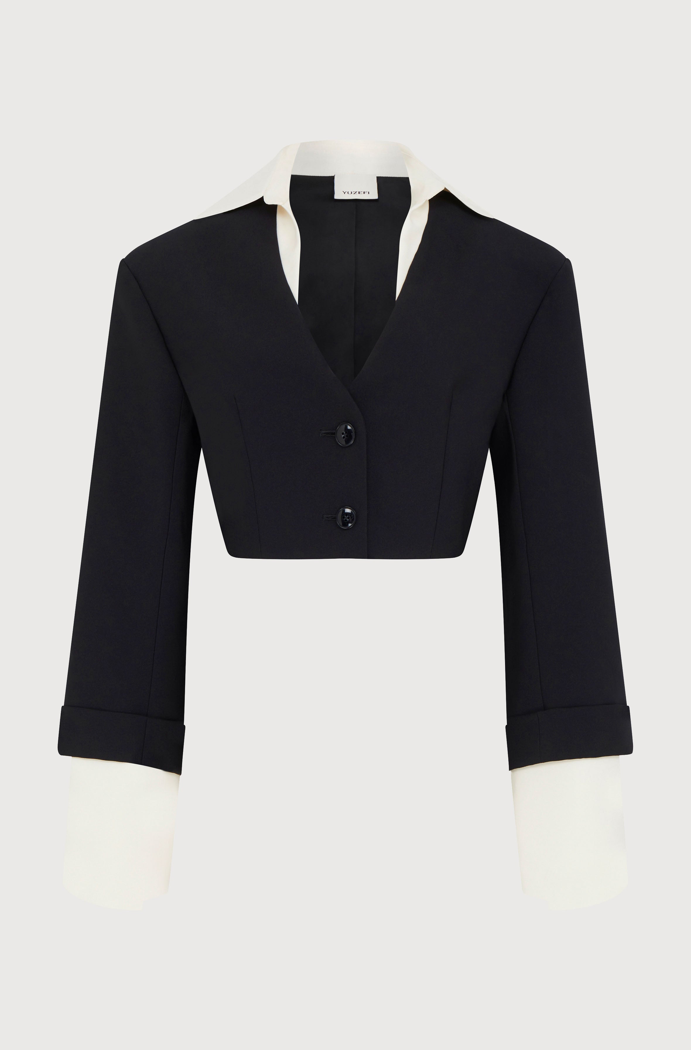 CONTRAST COLLAR CROPPED JACKET - CREPE BLACK – Yuzefi CONTRAST COLLAR CROPPED JACKET - CREPE BLACK – Yuzefi