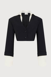 CONTRAST COLLAR CROPPED JACKET - CREPE BLACK