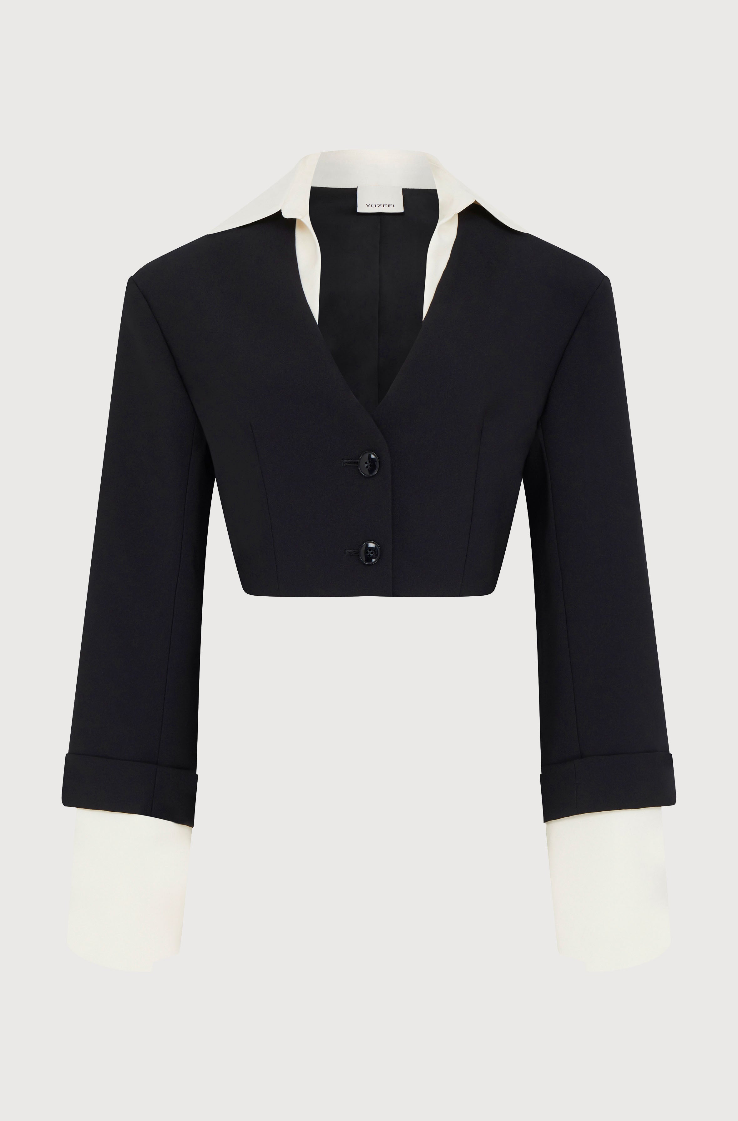 CONTRAST COLLAR CROPPED JACKET - CREPE BLACK