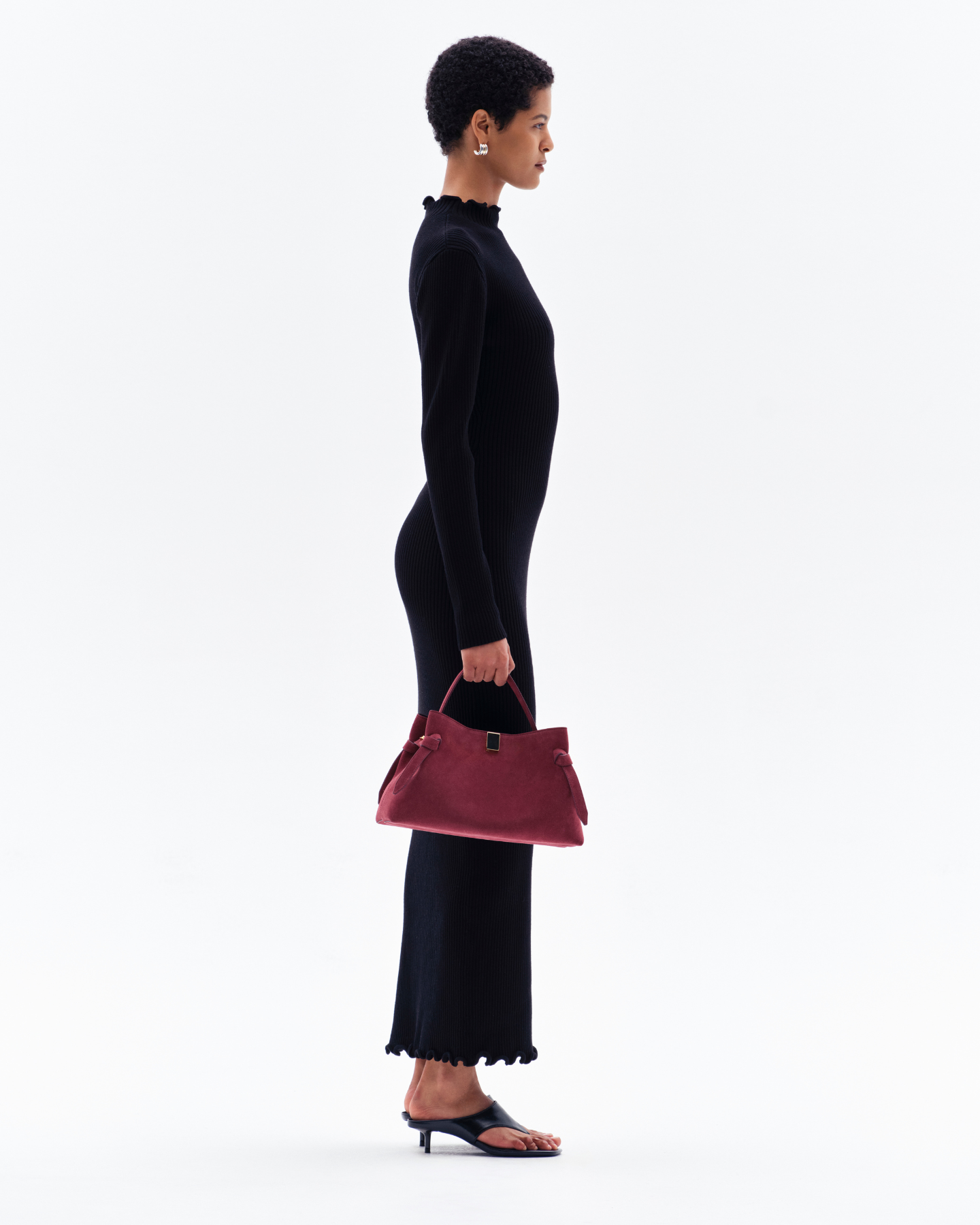 GAIA RIB LONG SLEEVE SPLIT DRESS - BLACK