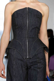 CORSET DENIM TOP WITH INSERTS - BLACK