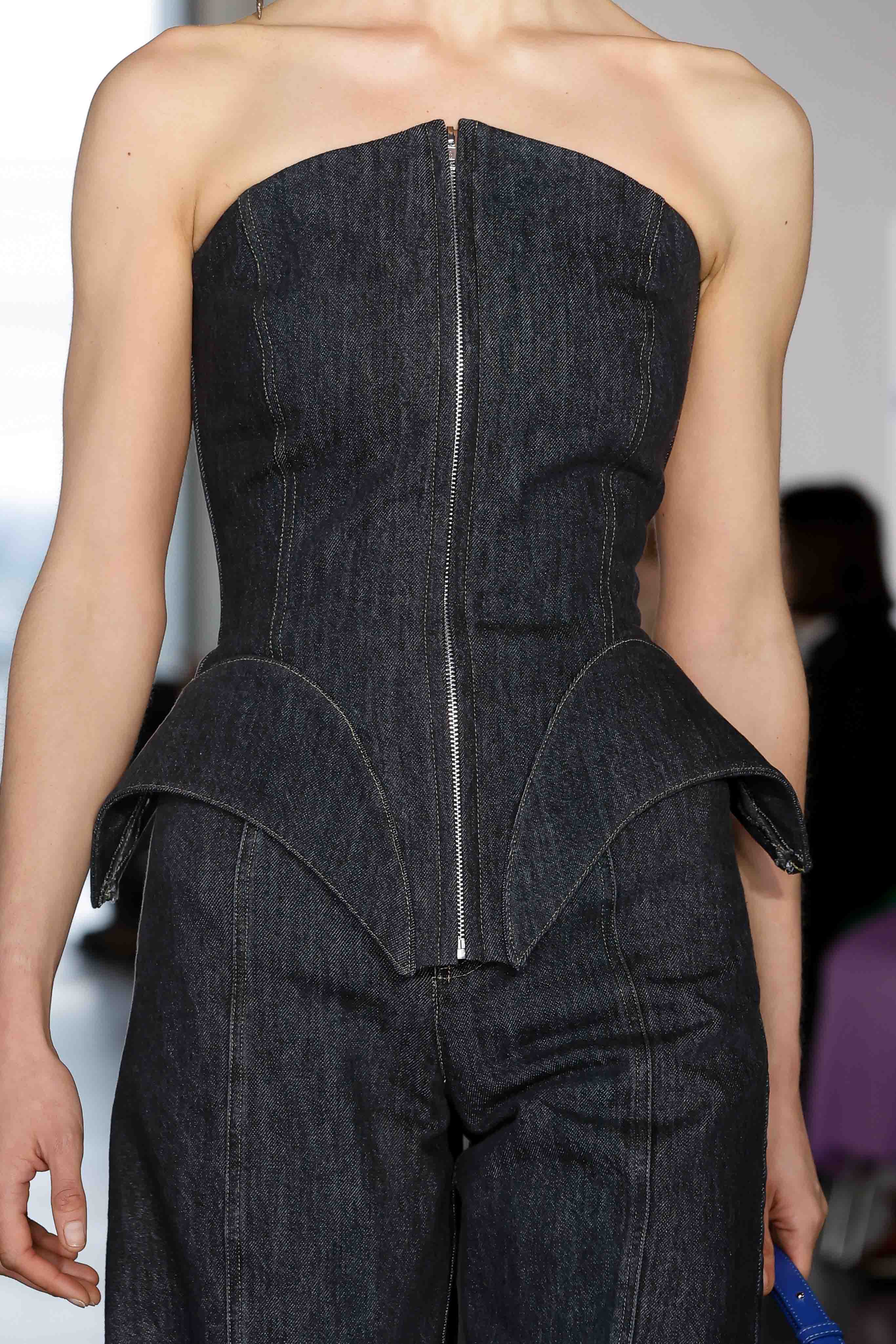CORSET DENIM TOP WITH INSERTS - BLACK
