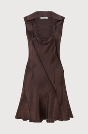 LACED UP MINI DRESS - BROWN SATIN