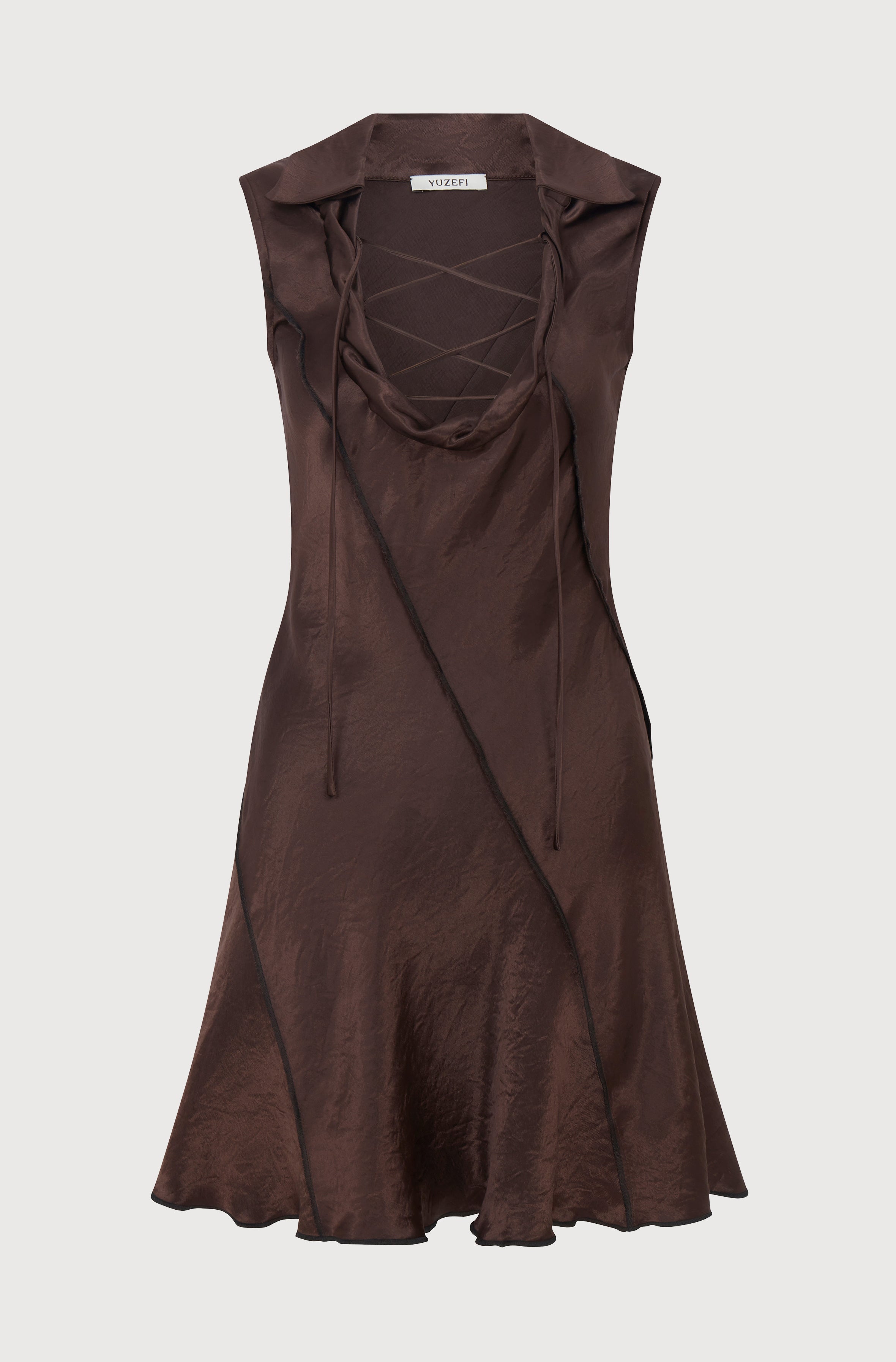 LACED UP MINI DRESS - BROWN SATIN