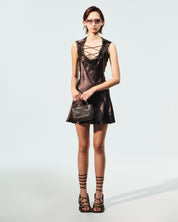 LACED UP MINI DRESS - BROWN SATIN